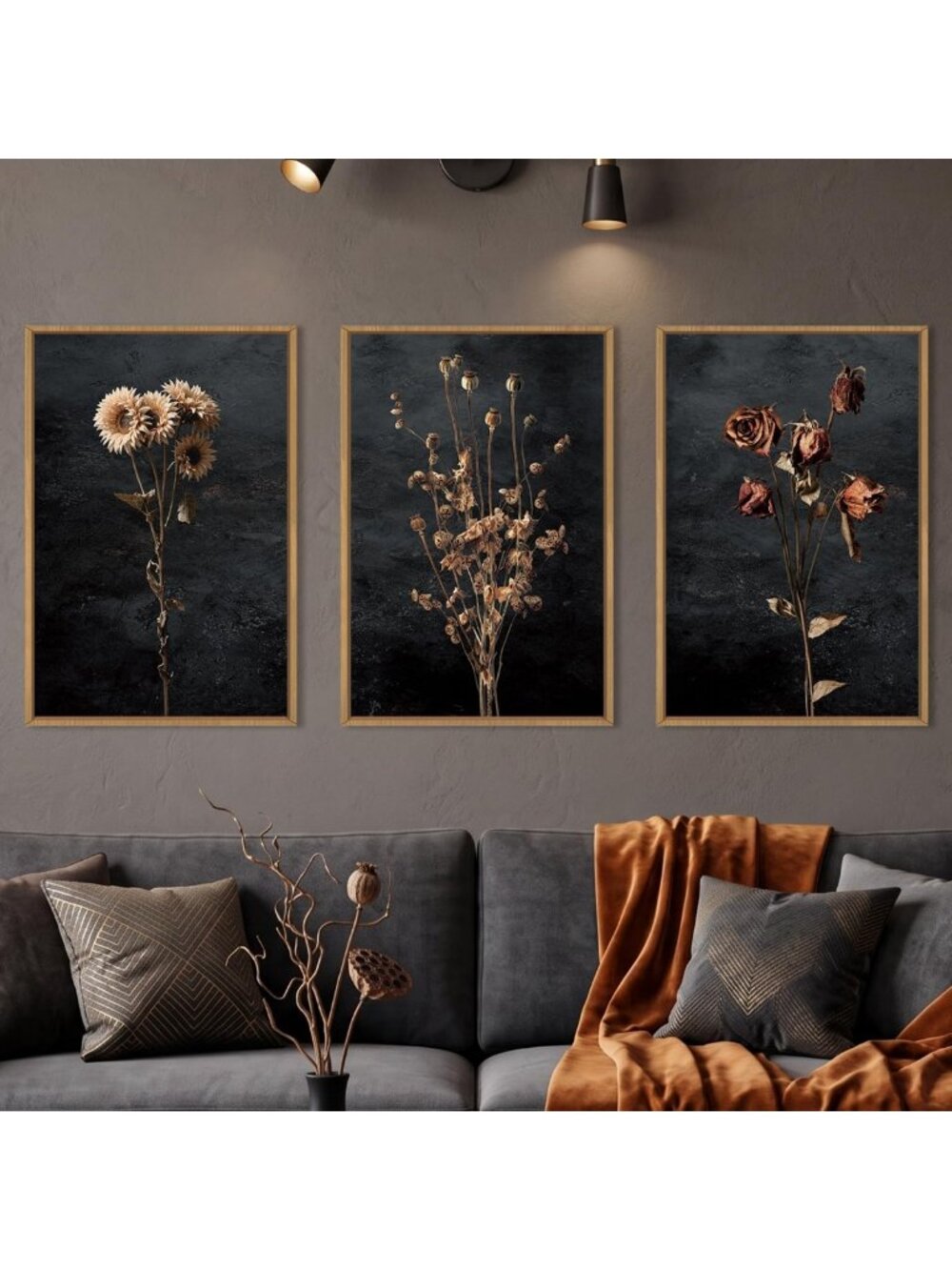 Large Moody Dark Floral Canvas Wall Art Set - Framed Home Decor, 16"x24"x3
